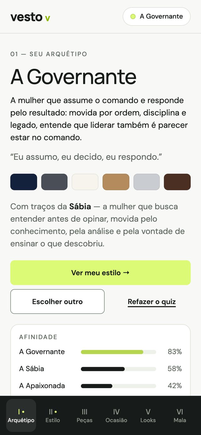 Tela do arquétipo: A Governante, com paleta de cores e afinidade