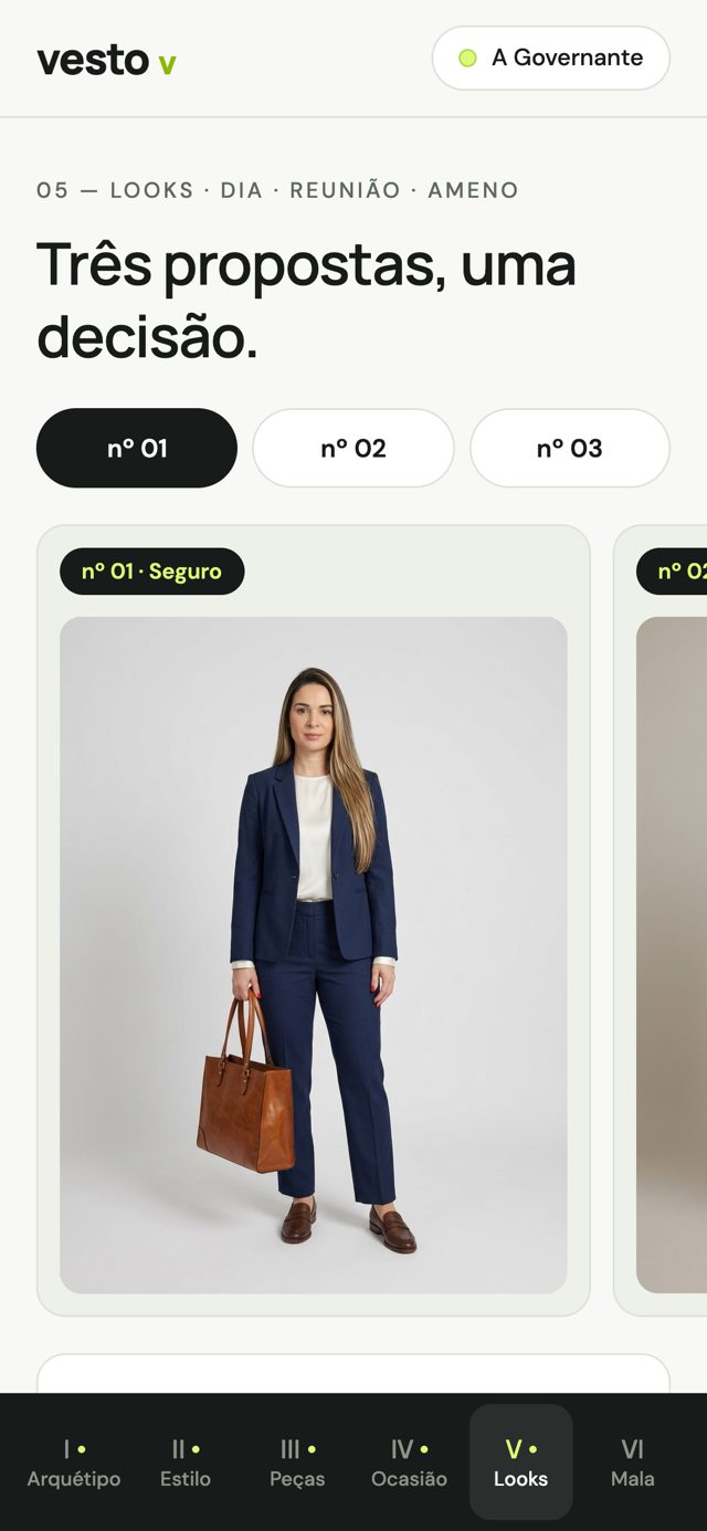 Tela de looks: proposta nº 01, Seguro, com a prévia do look vestido, gerada por IA