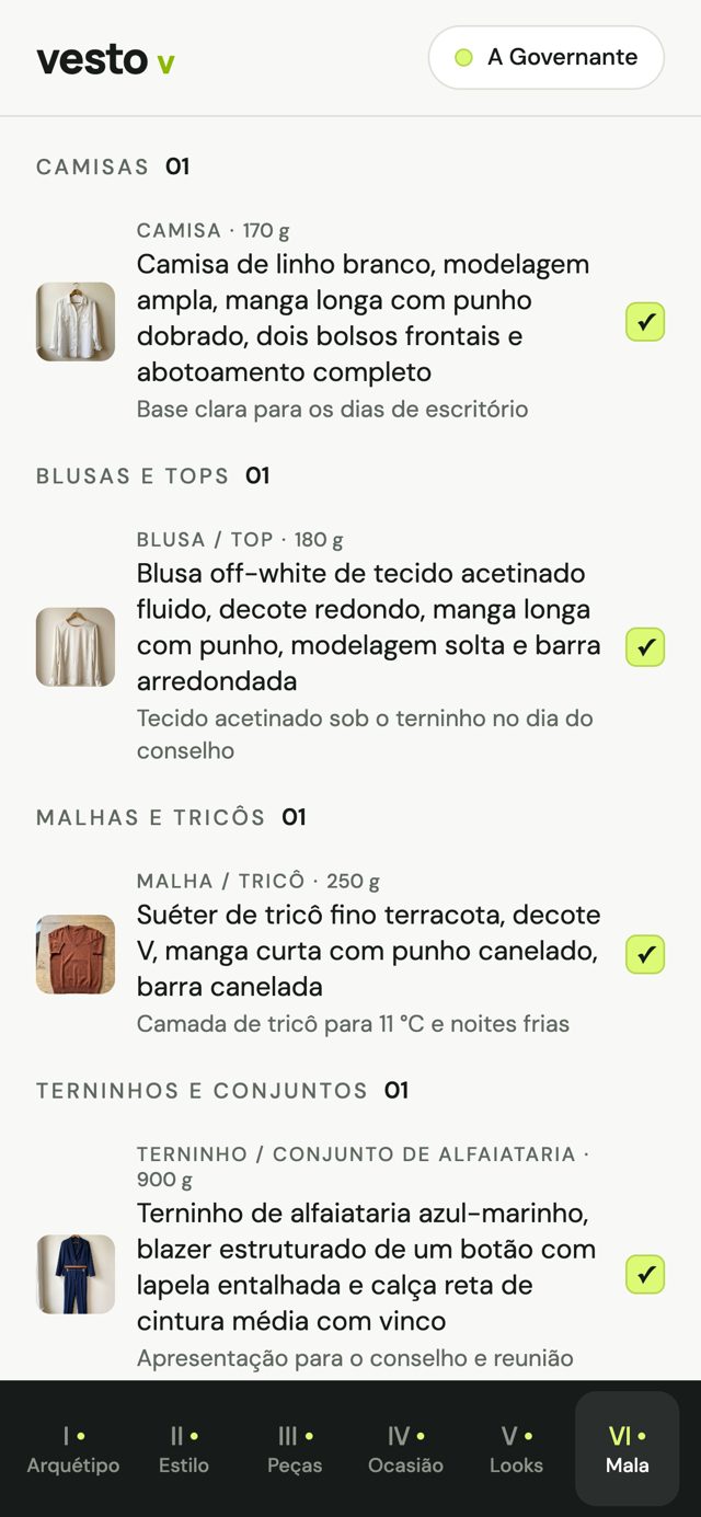 Lista do que vai na mala: camisa de linho branca, blusa off-white acetinada, tricô terracota e terninho marinho, todos marcados