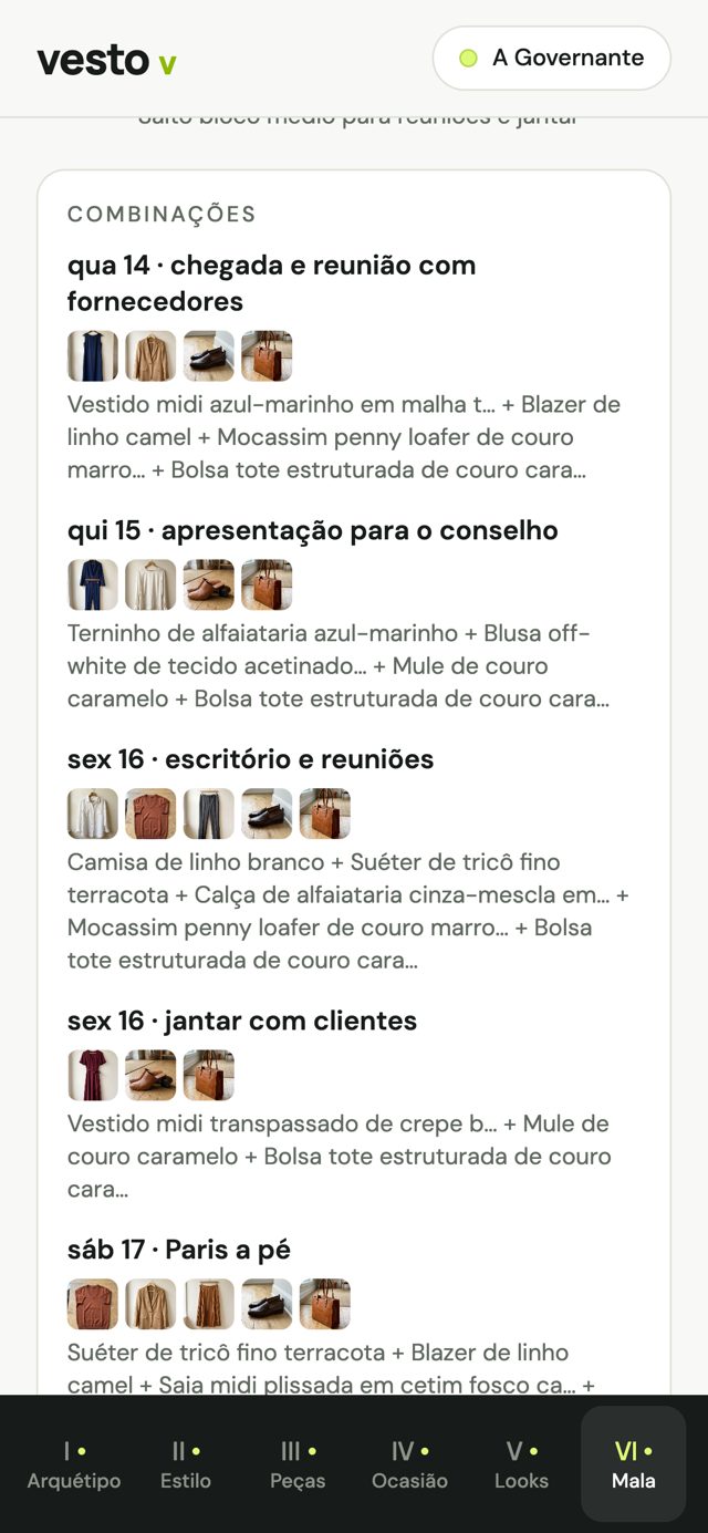 Combinações por dia: quarta chegada e reunião, quinta conselho, sexta escritório e jantar com clientes, sábado Paris a pé
