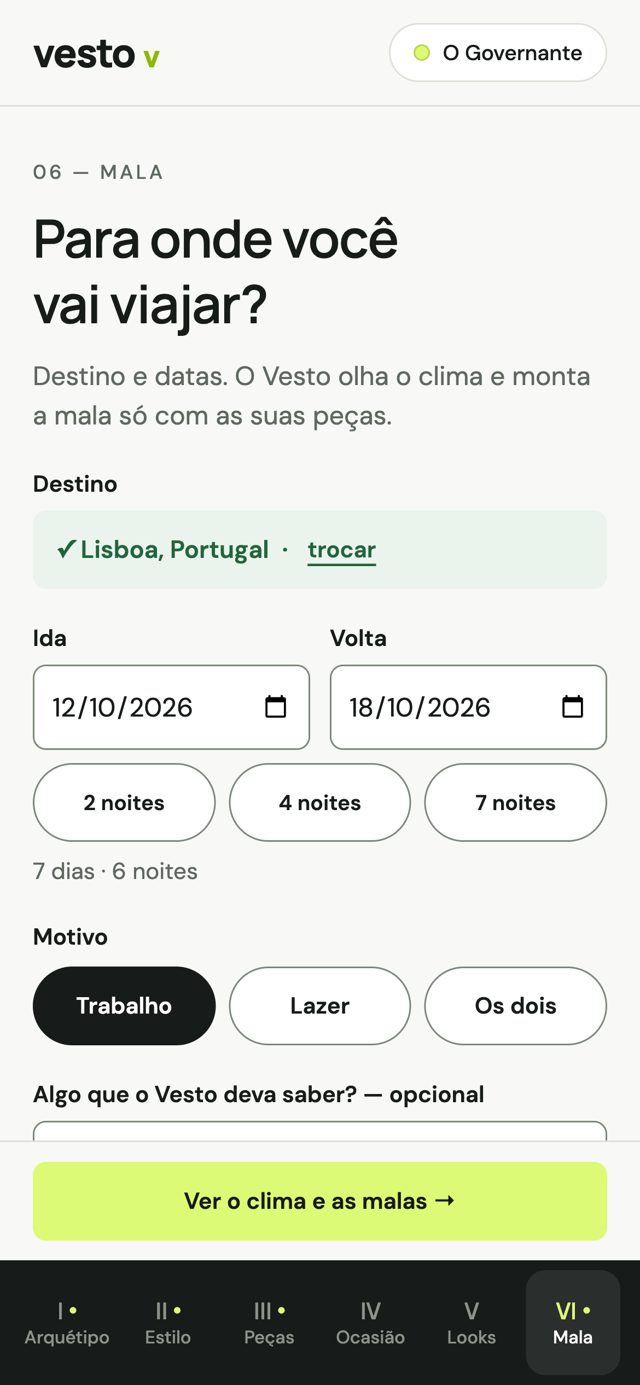 Tela Mala: destino Lisboa, ida 12/10 e volta 18/10, motivo trabalho