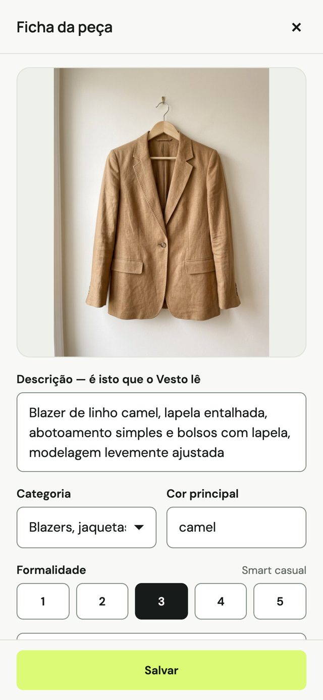 Ficha da peça preenchida pela IA: blazer de linho camel