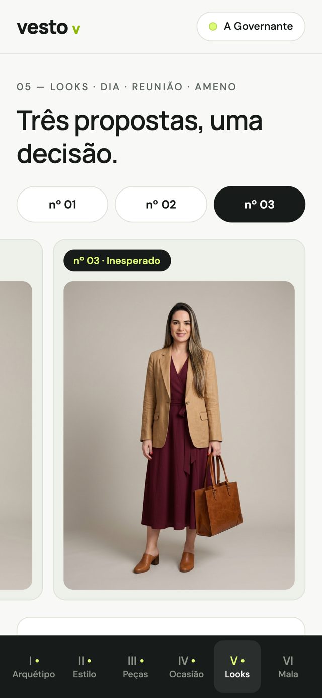 Tela de looks com a imagem da usuária vestindo a proposta nº 03
