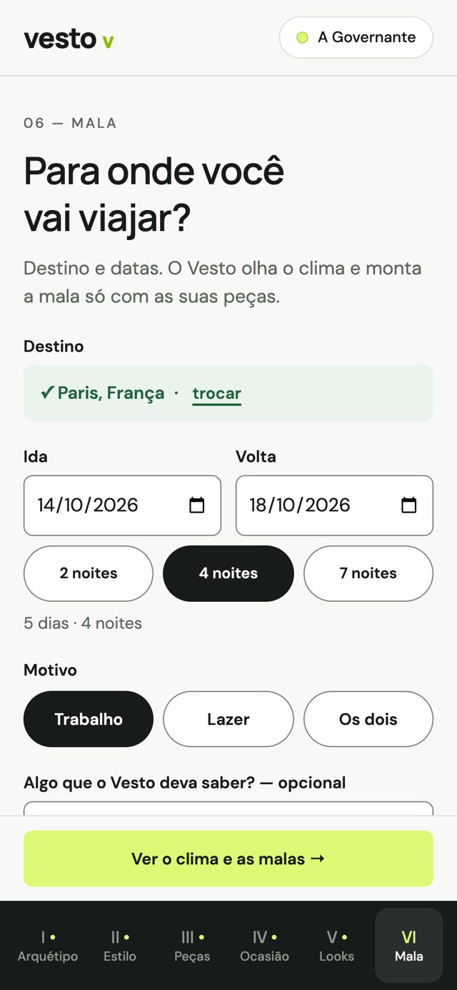 Tela Mala: destino Paris, ida 14/10 e volta 18/10, motivo trabalho