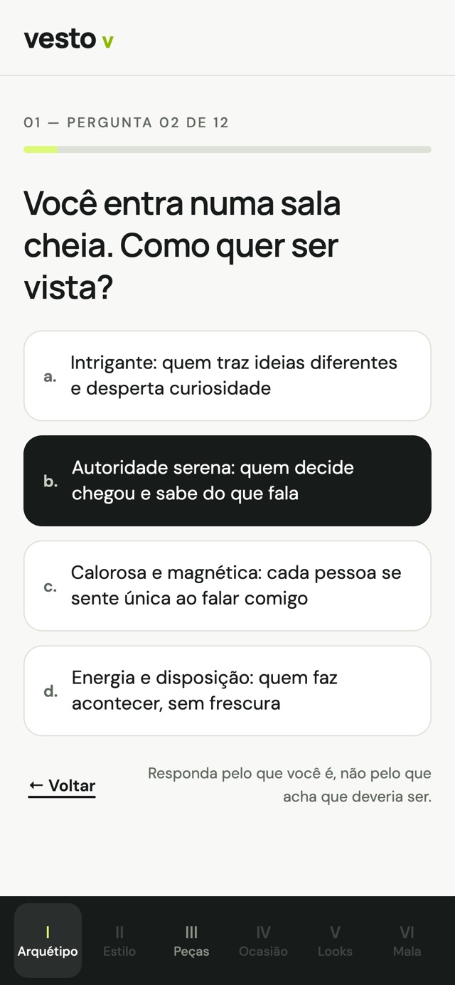 Quiz do Vesto, pergunta 2 de 12: você entra numa sala cheia, como quer ser vista?